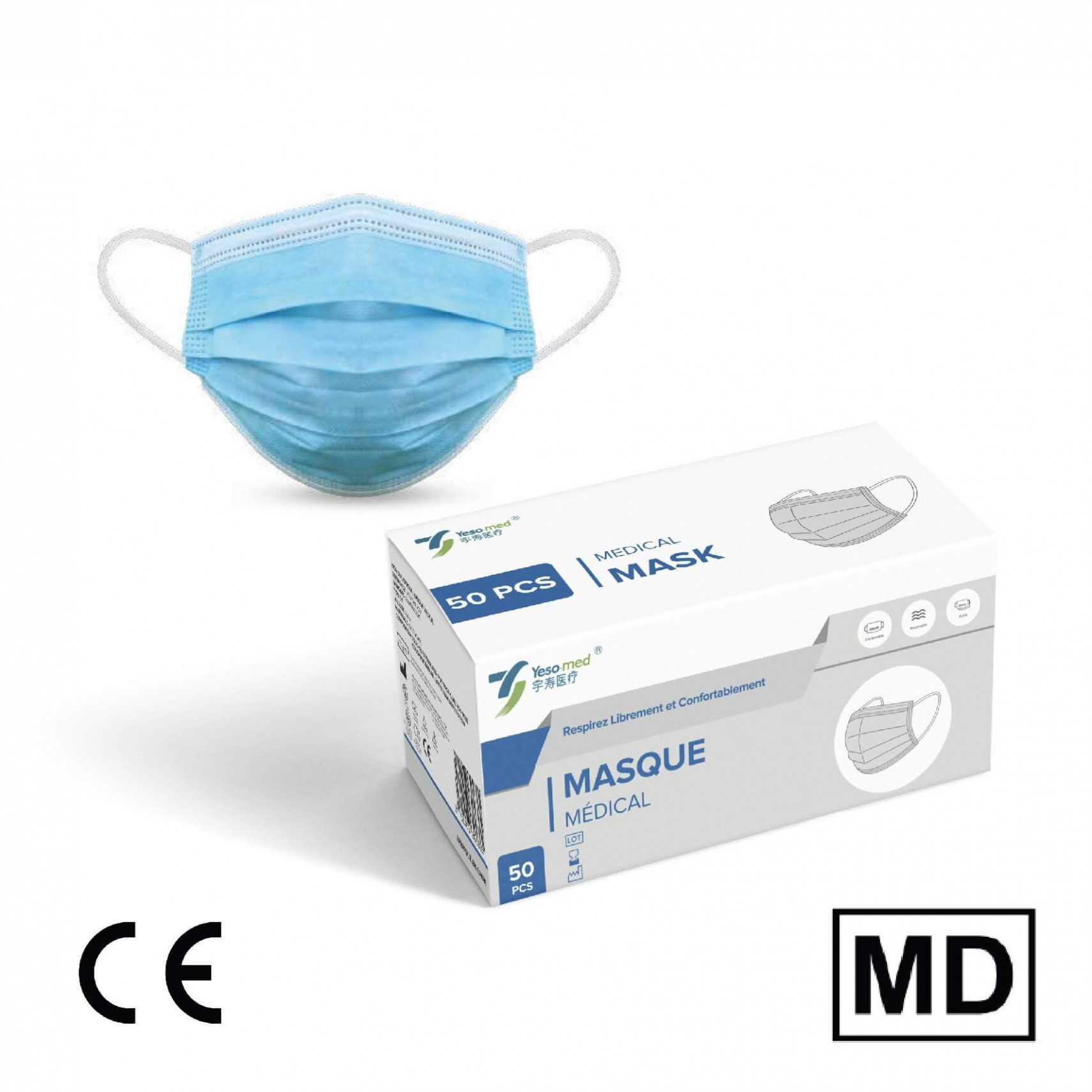 Masque chirurgical jetable (Lot de 50) - Norme CE